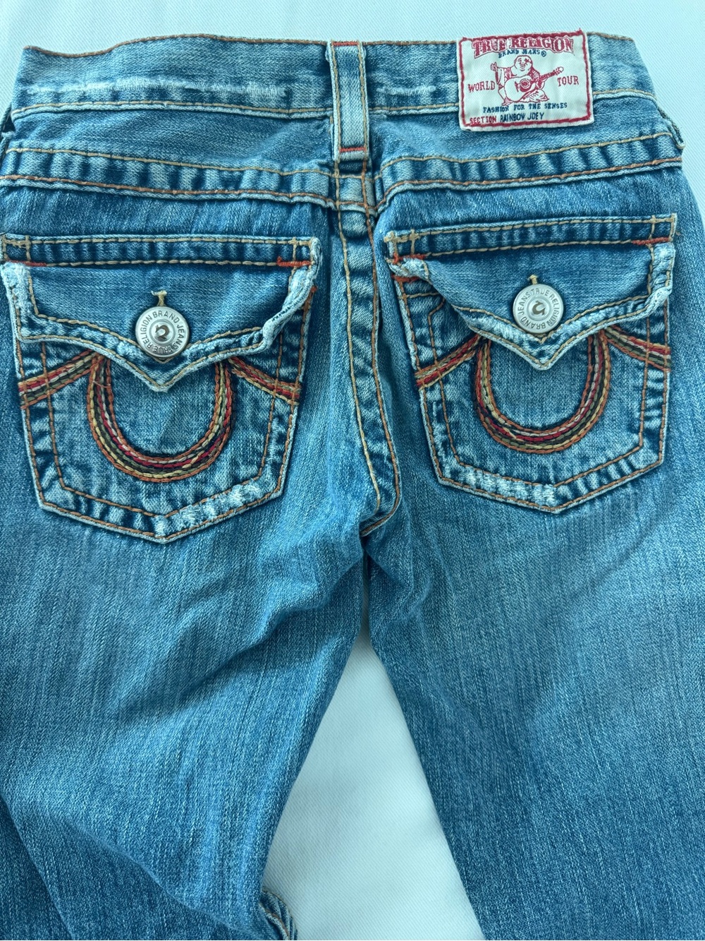 True Religion Blue Bootcut Jeans with Embroidered Pocket Detail